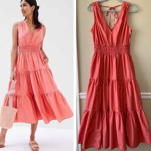 Anthropologie Maeve Tiered Midi Dress Smocked Waist Coral Rose Pink Size 10